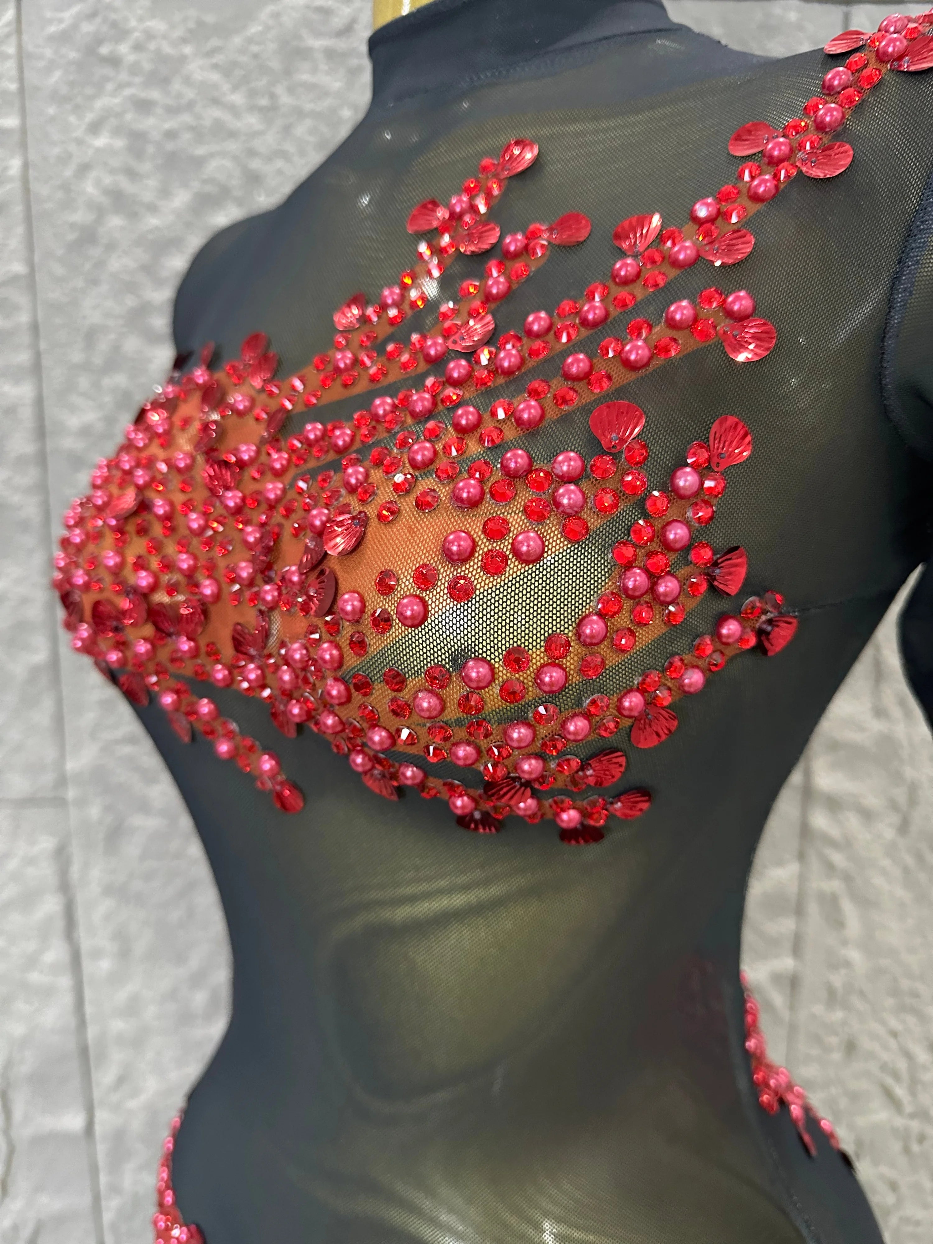 Sexy 2026 Black Sheer Mesh Maxi Dress Women Long Sleeve High Neck Red Rhinestone Embellished Bodycon Stage Costume