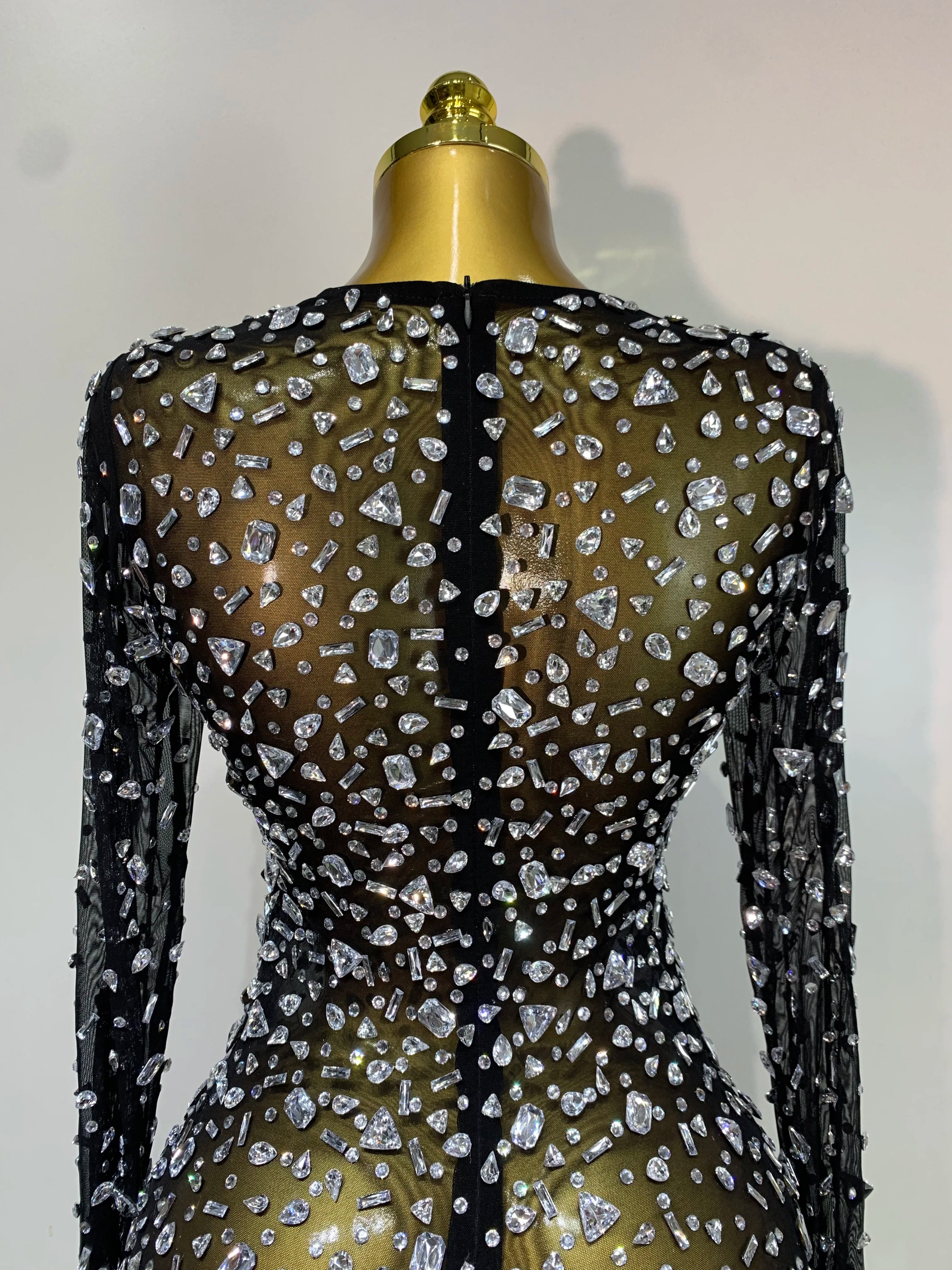 Sparkly Rhinestone Sexy Transparent Mini Dress Celebrity Evening Party Prom Birthday Photo Shoot Nightclub Stage Costume