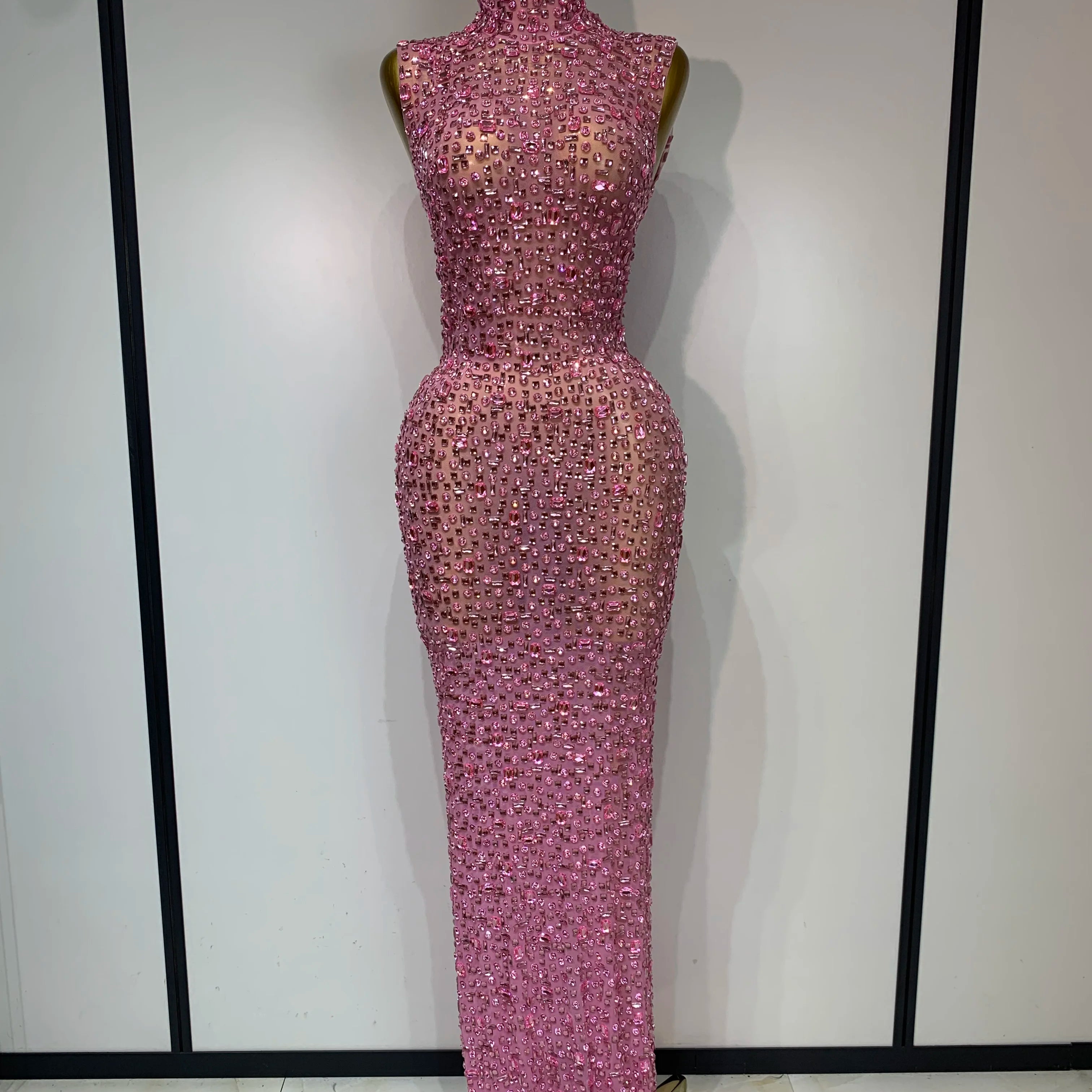 Sparkly Rhinestone Sleeveless Stretch Long Dress Women Sexy Mesh Celebrate Evening Prom Luxury Birthday Dress Evening Party Wear Pink