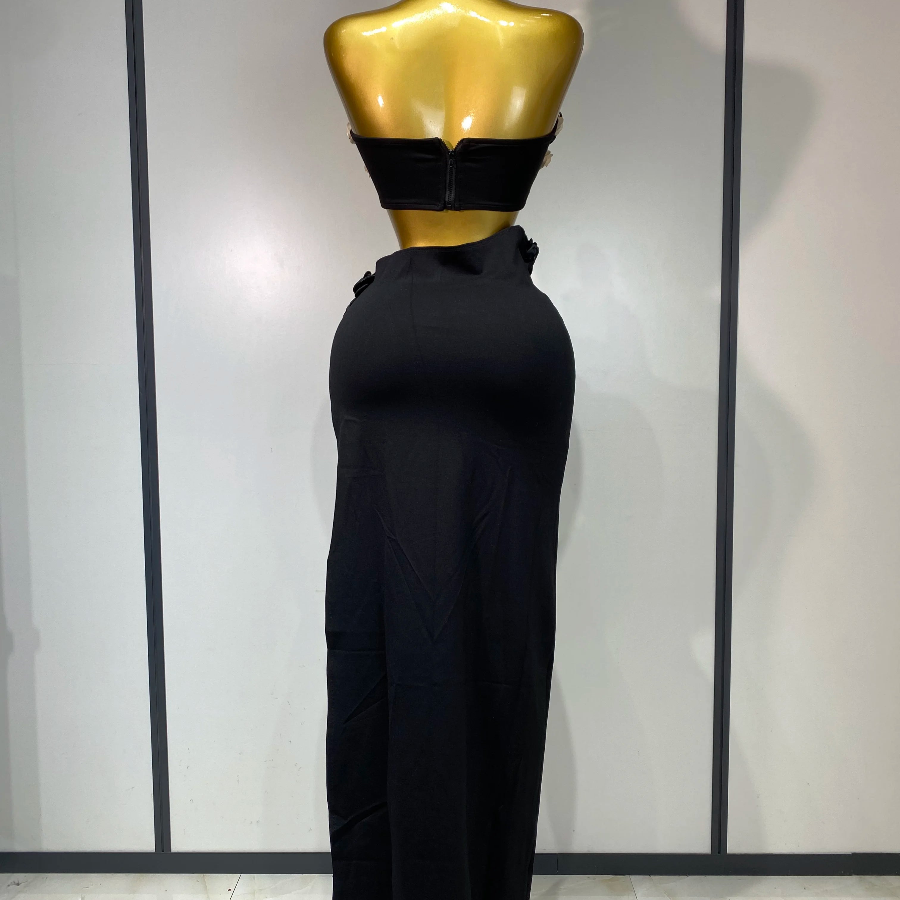 Women Sexy Flower Strapless Top High Slit Long Skirt Elegant Evening Party Two Piece Set Luxury Birthday Club Gown