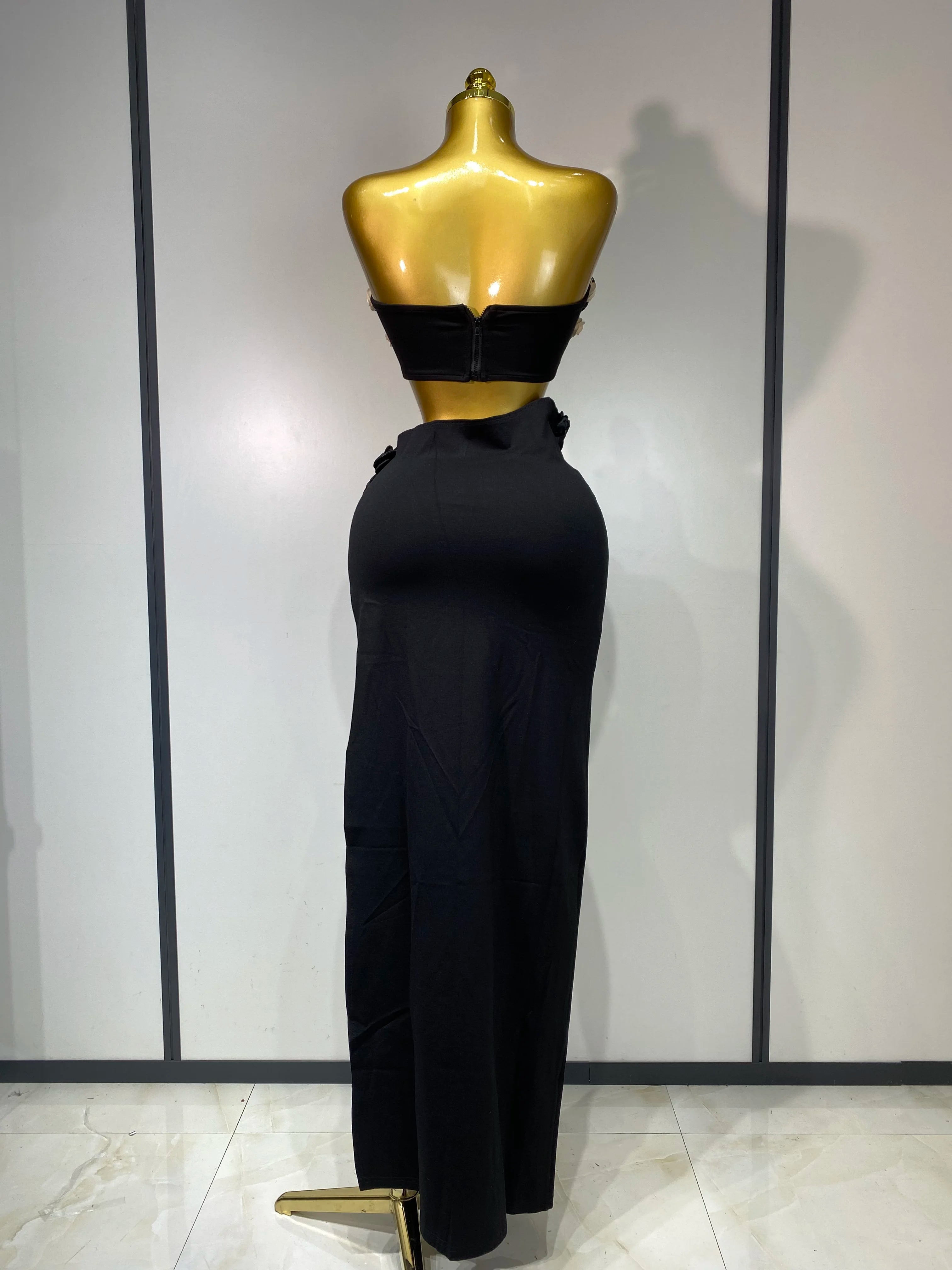 Women Sexy Flower Strapless Top High Slit Long Skirt Elegant Evening Party Two Piece Set Luxury Birthday Club Gown