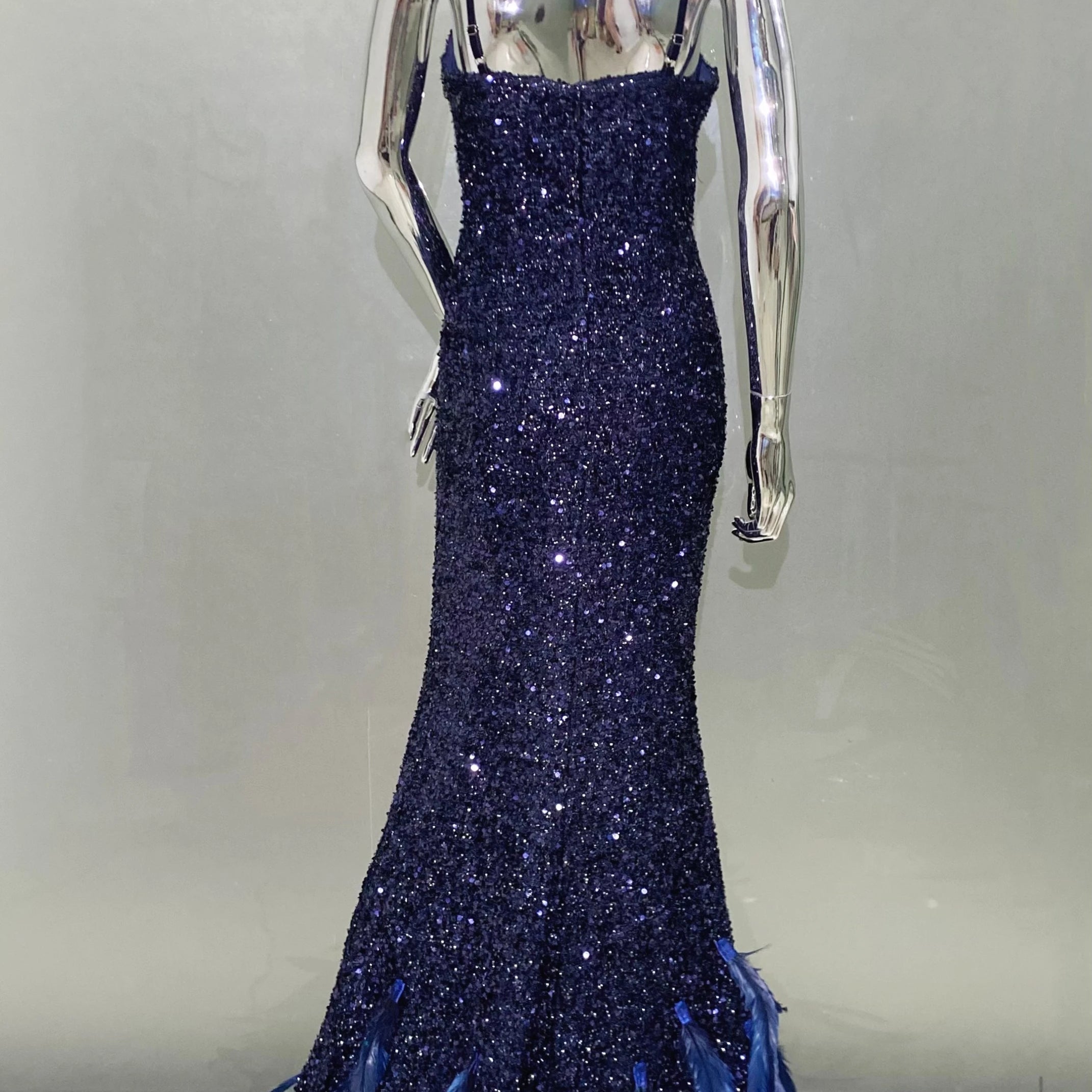 Women Summer Sexy V Neck Mesh Sequins Blue Feather Maxi Long Dress 2024 Elegant Party Evening Stage Performance Dress Vestido