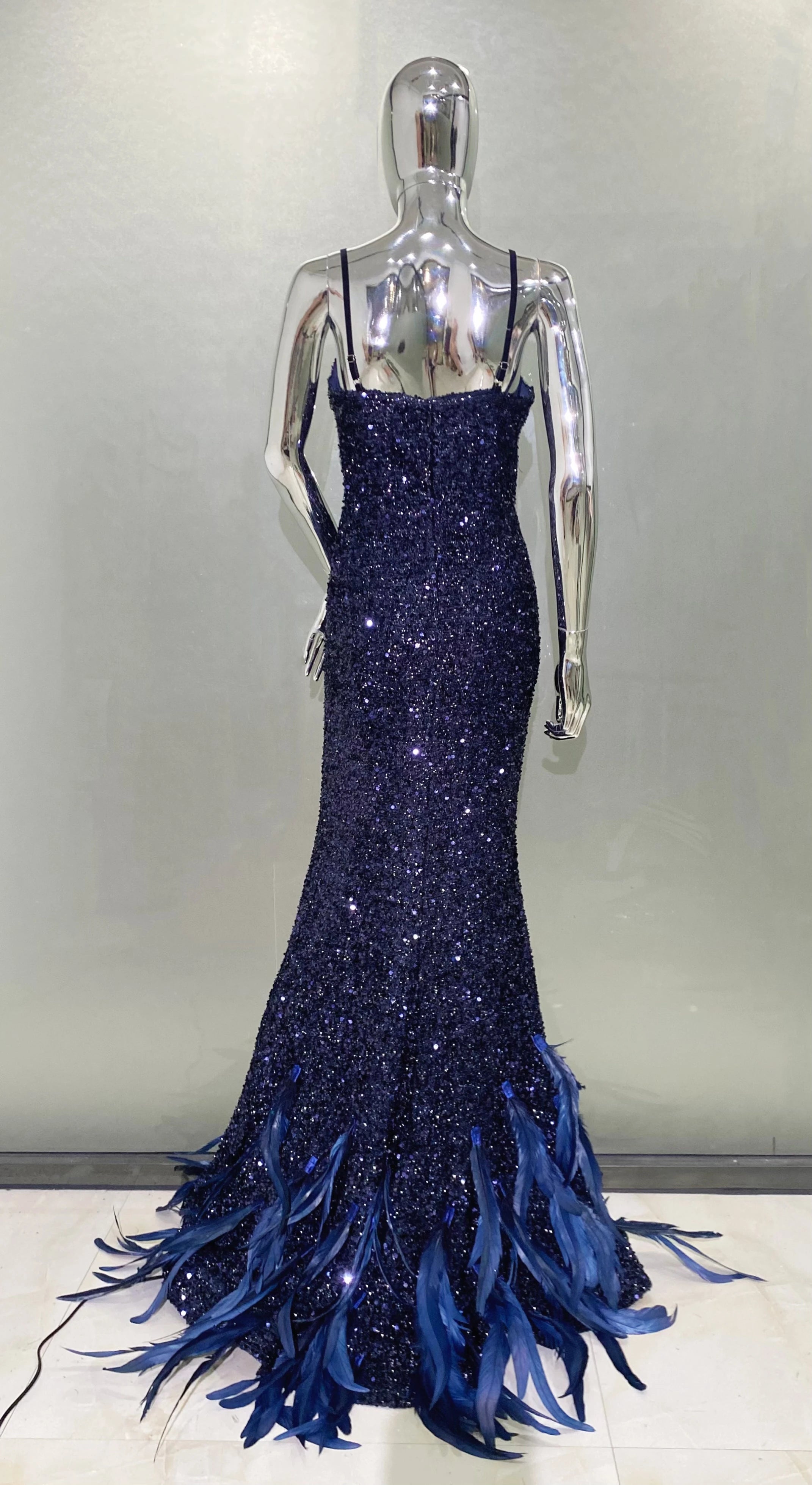 Women Summer Sexy V Neck Mesh Sequins Blue Feather Maxi Long Dress 2024 Elegant Party Evening Stage Performance Dress Vestido