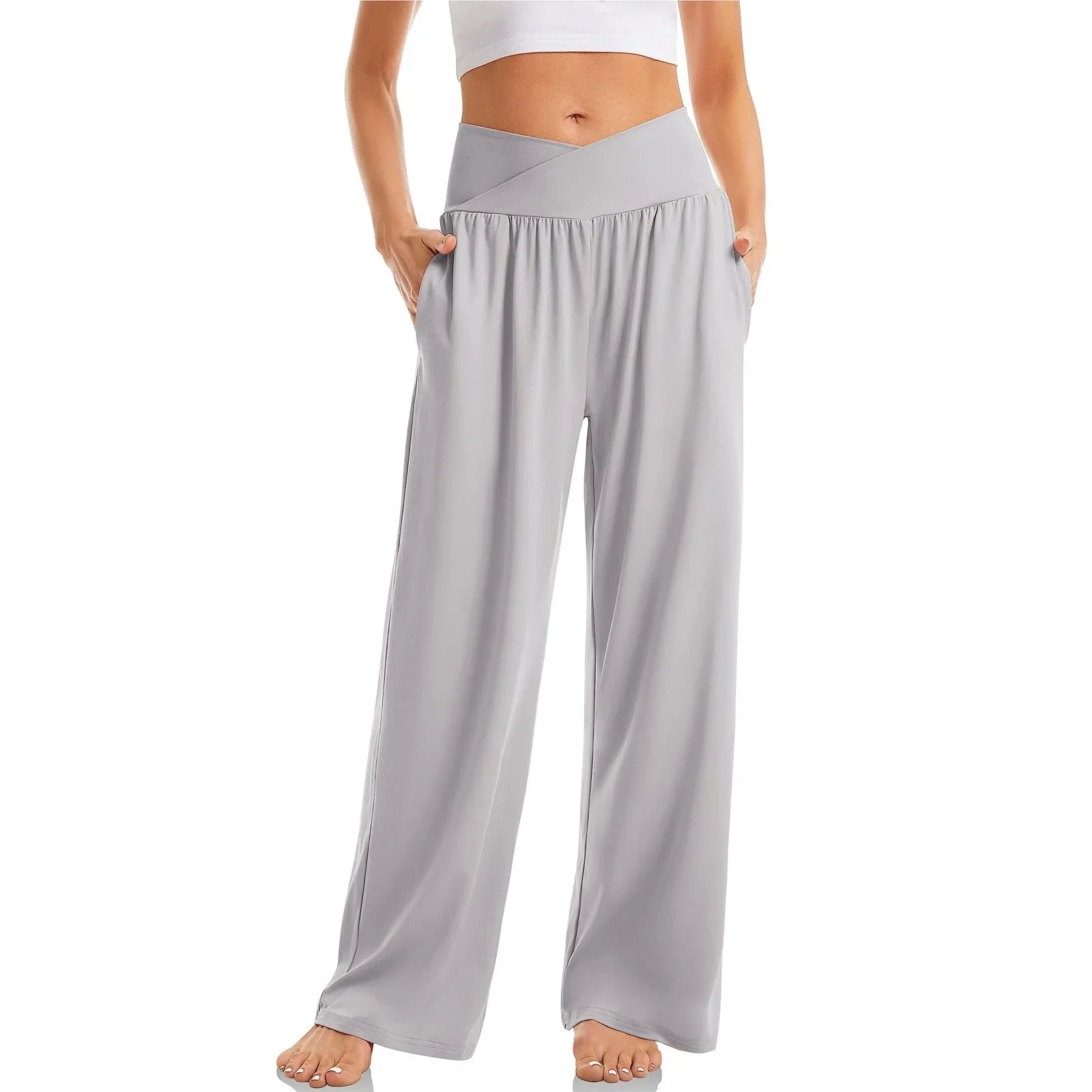 Women's High Waist Solid Color Casual Trousers Wide Leg Sports Pants With Pockets Light Gray