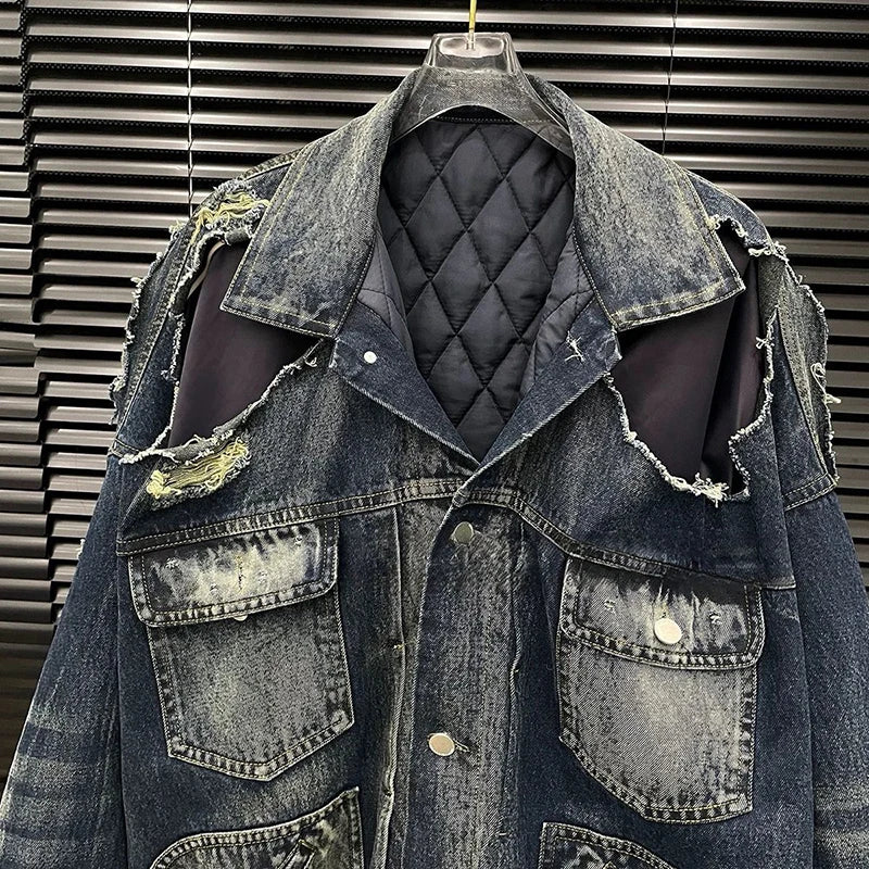Autumn Winter New Distressed Layered Design Irregular Quilted Denim Coat For Women Streetwear Style Jacket 11A07891