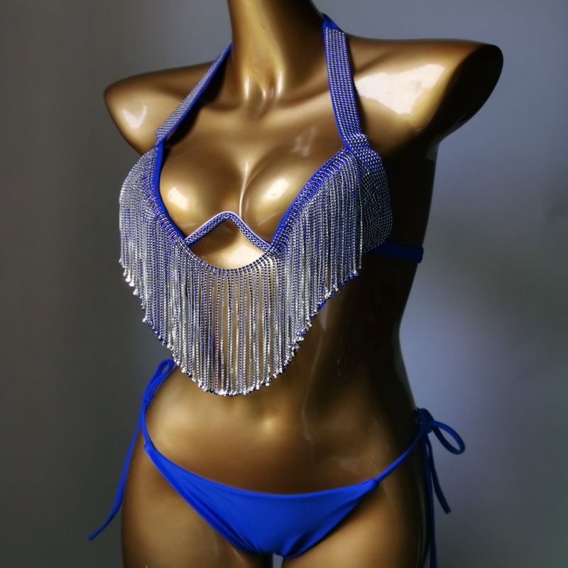 Sexy Push Up Gathered Bikini Luxury Crystal Diamond Women's Swimsuit High-End Rhinestone Tassel Triangle Swimwear