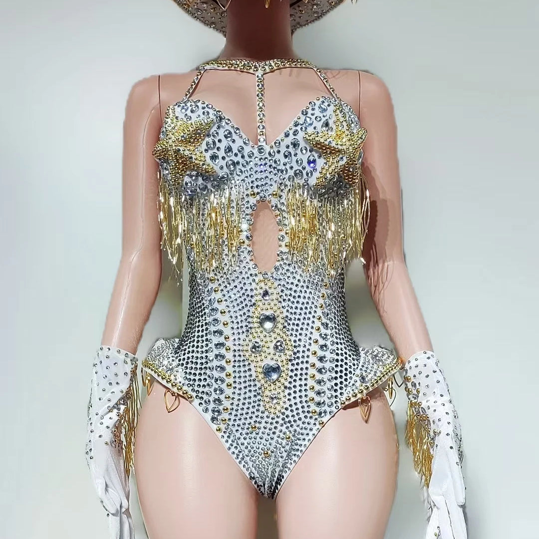 Luxury Women Crystals Tassel Bodysuit Set Cowboy Night Party Jumpsuit Stage Show Outfit Festival Celebrate Sexy Wear Hongding