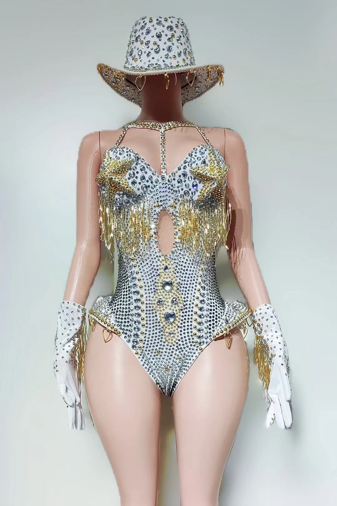 Luxury Women Crystals Tassel Bodysuit Set Cowboy Night Party Jumpsuit Stage Show Outfit Festival Celebrate Sexy Wear Hongding