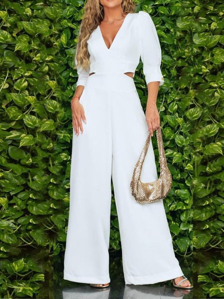 Women's Pants 2024 Spring Summer Woman Jumpsuit New Fashion Loose Short Sleeved V-neck Solid Wide Leg Jumpsuit Clothes for Women