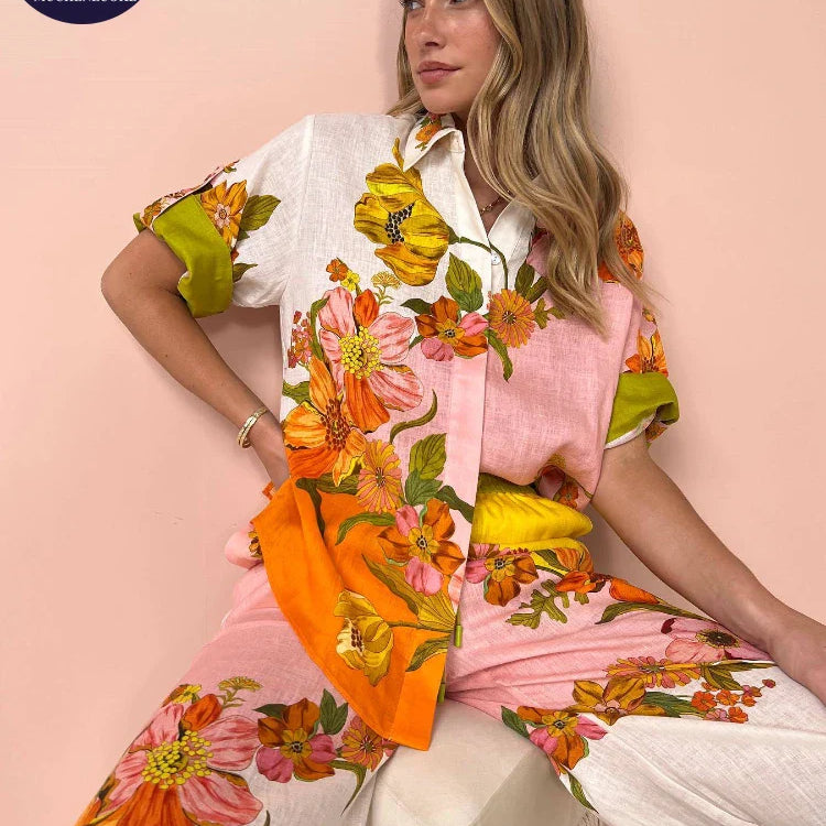 Sets for Women 2 Pieces Summer New Summer Graffiti Print Half Sleeve Shirt Suits Fashionable Loose High Waisted Women's Pant Set