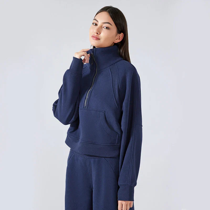 Autumn New Half Zipper High Stand Collar Pullover Top for Women's , Warm and Fleece Thick Sports Hoodie for External Wear