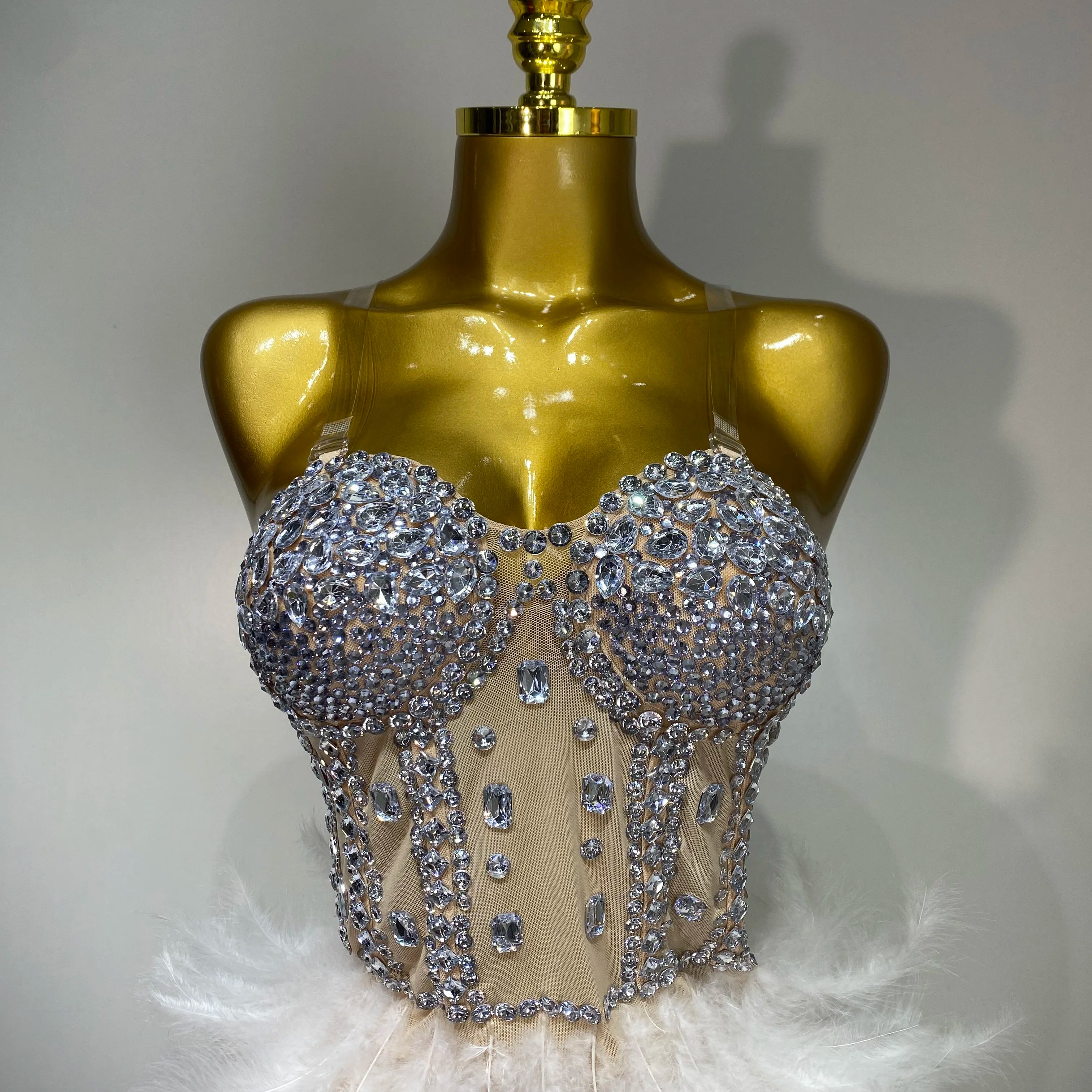 Women Sexy Sparkly Rhinestone Feather Mesh Long Dress Elegant Evening Party Celebrate Luxury Birthday Singer Stage Costume