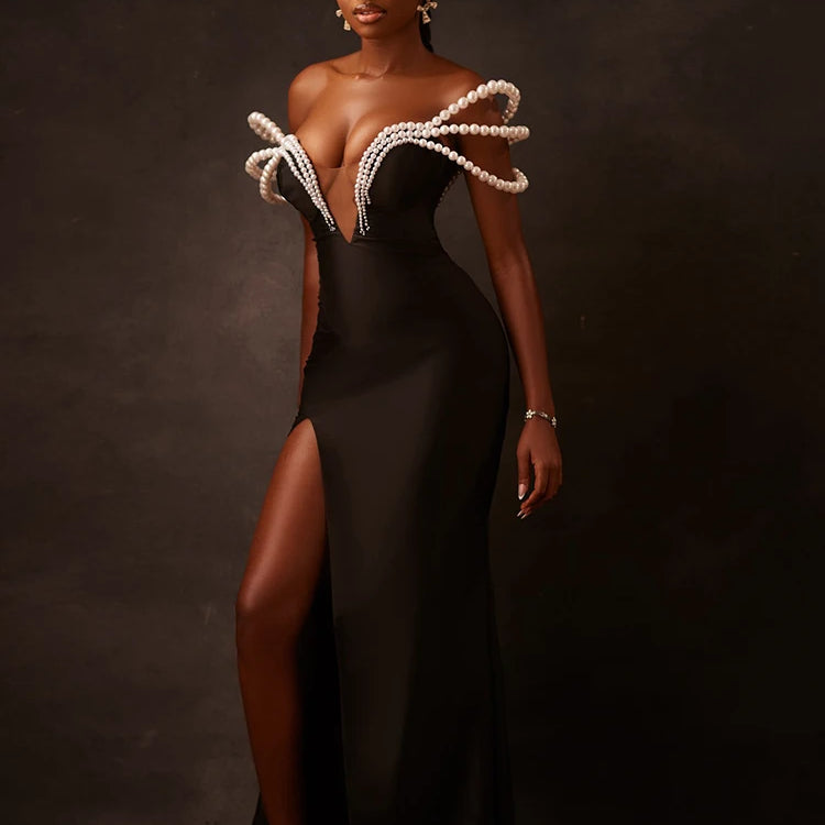 Chic Off-Shoulder Black Maxi Dress with Pearl Cut out High Slit Design for Gala Party Glamorous Gown