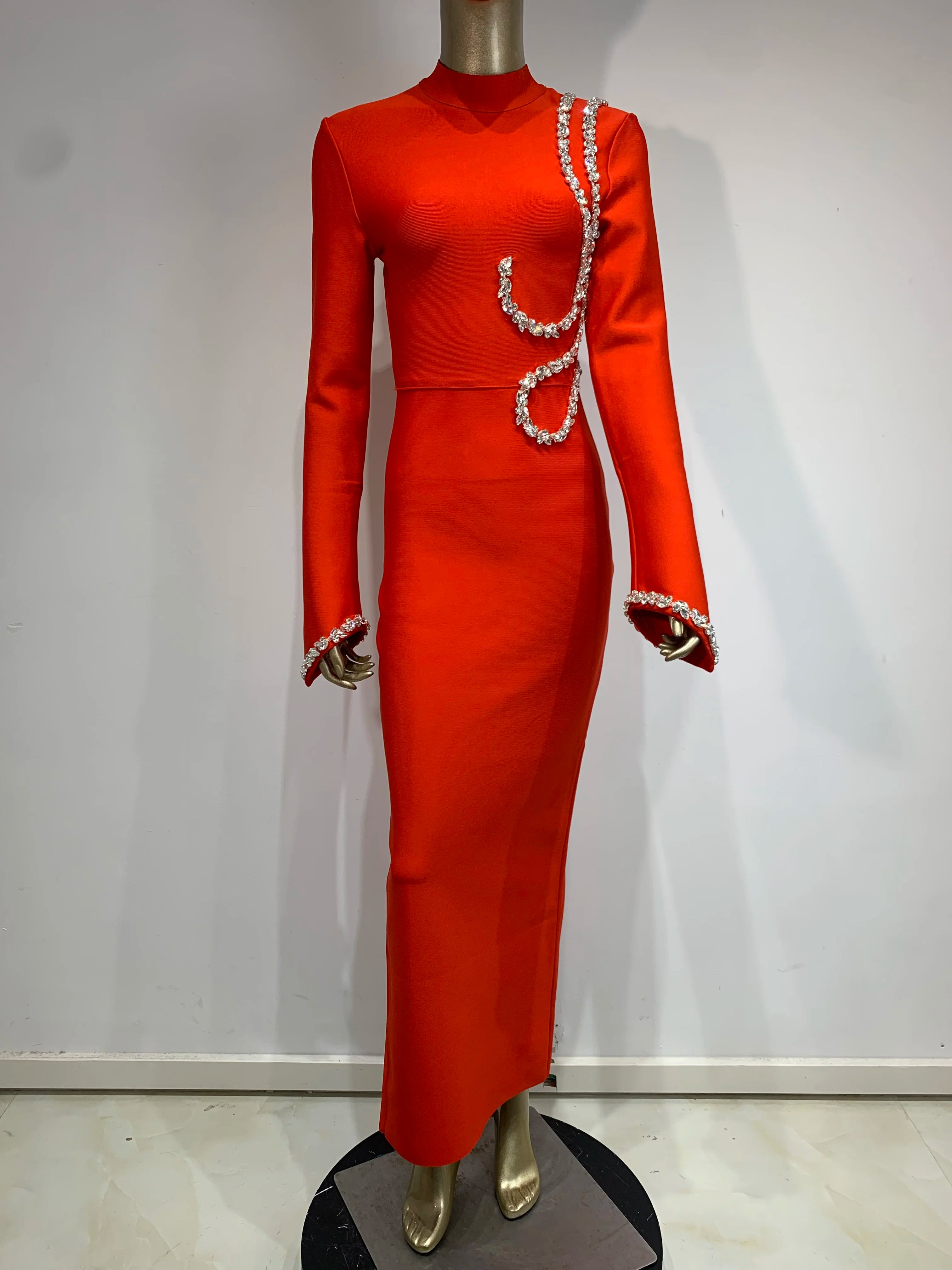 Women Winter Celebrity Sexy Turtleneck Diamonds Black Maxi Long Bodycon Bandage Dress 2024 Elegant Evening Club Party Dress