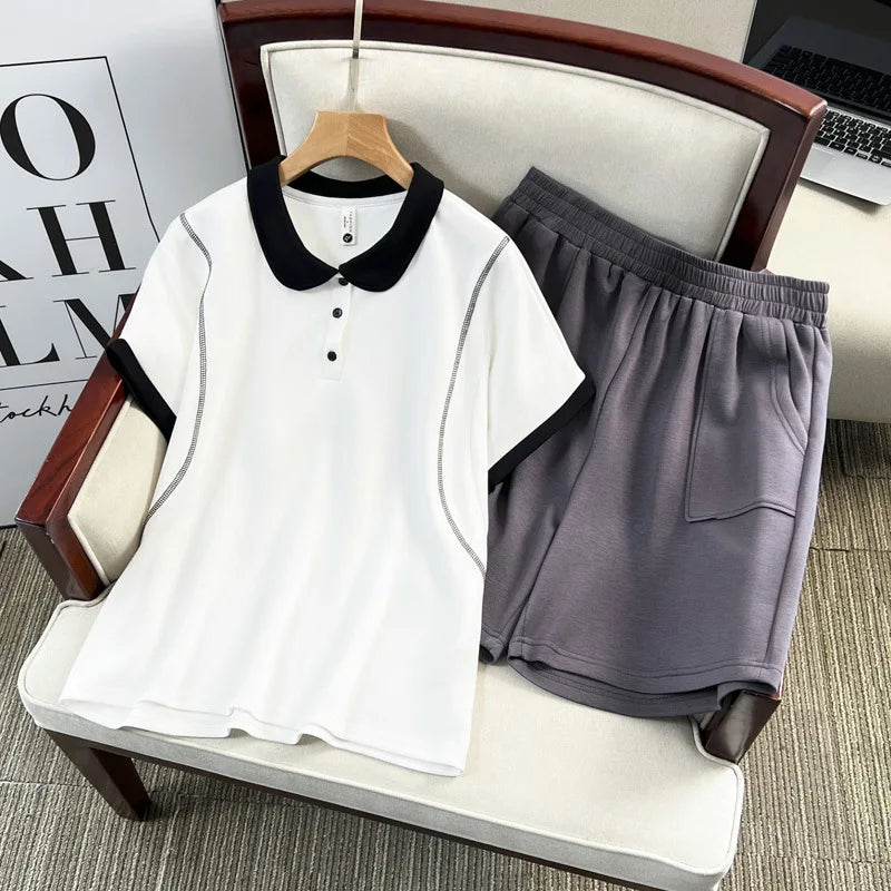 Plus Size Women's Set Casual Color Blocking Short Sleeve Tops And Grey Shorts Two Piece 100KG Sports Suit Summer 2025 white