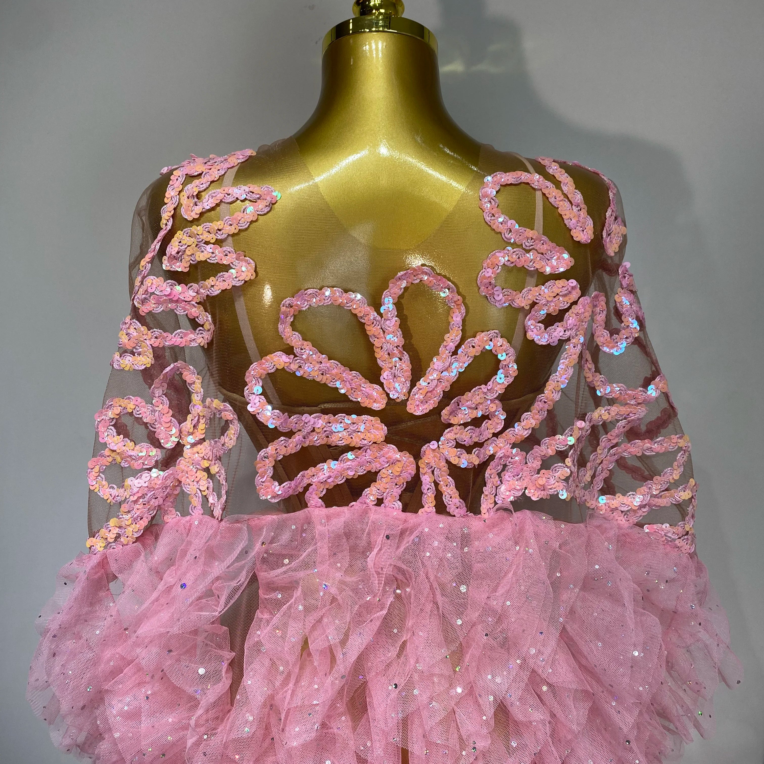 Women Sexy Mesh See Through Sequins Pink Maxi Long Dress Sparkly Sequin Evening Party Costume Stage Performance Birthday Dress