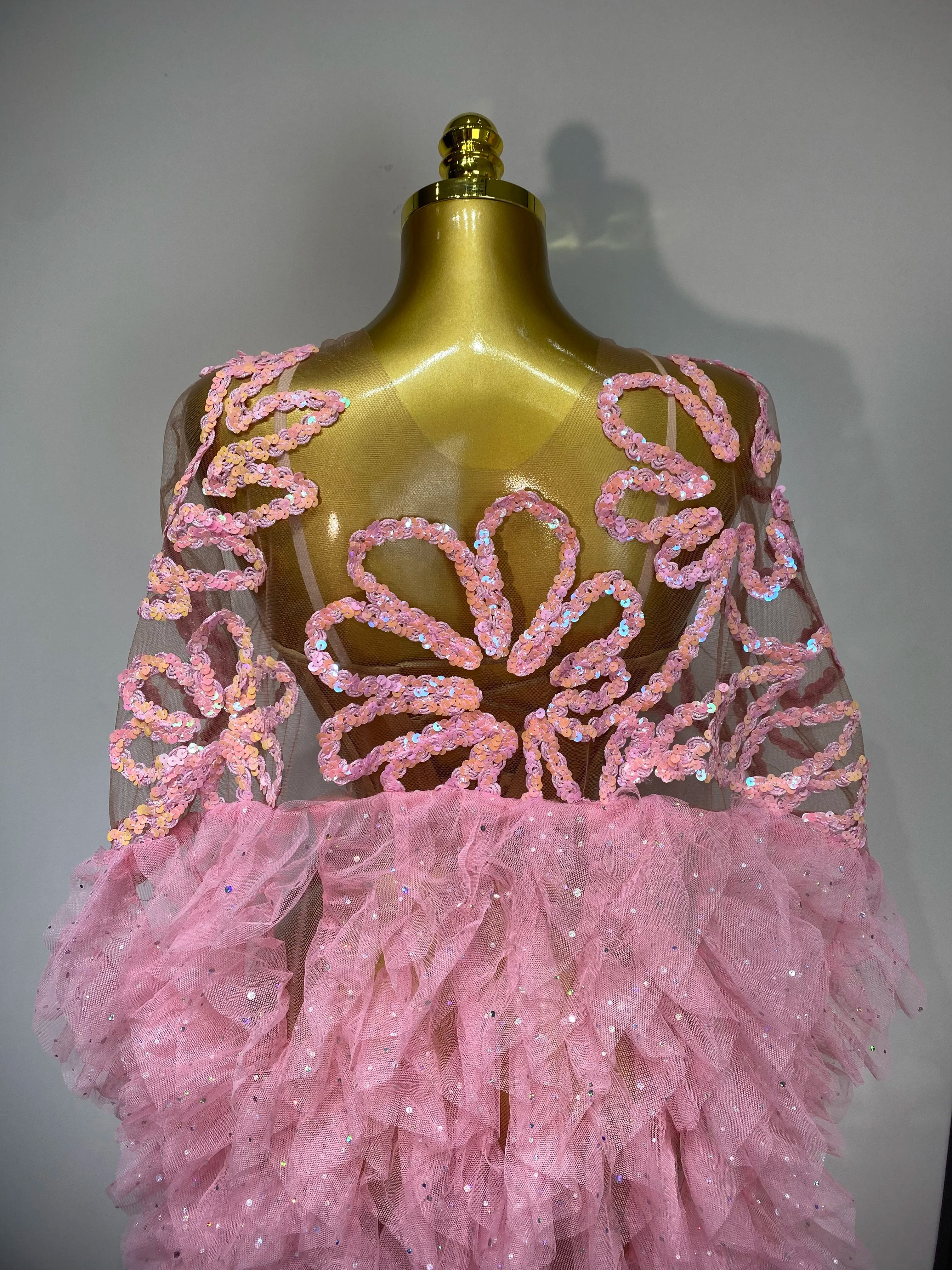 Women Sexy Mesh See Through Sequins Pink Maxi Long Dress Sparkly Sequin Evening Party Costume Stage Performance Birthday Dress