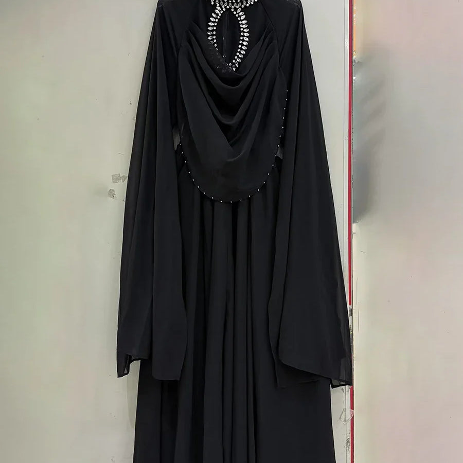 Solid Loose Sheer Spliced Bead Elegant Dresses for Women High Neck Long Sleeves Patchwork Folds Dress Female New BLACK