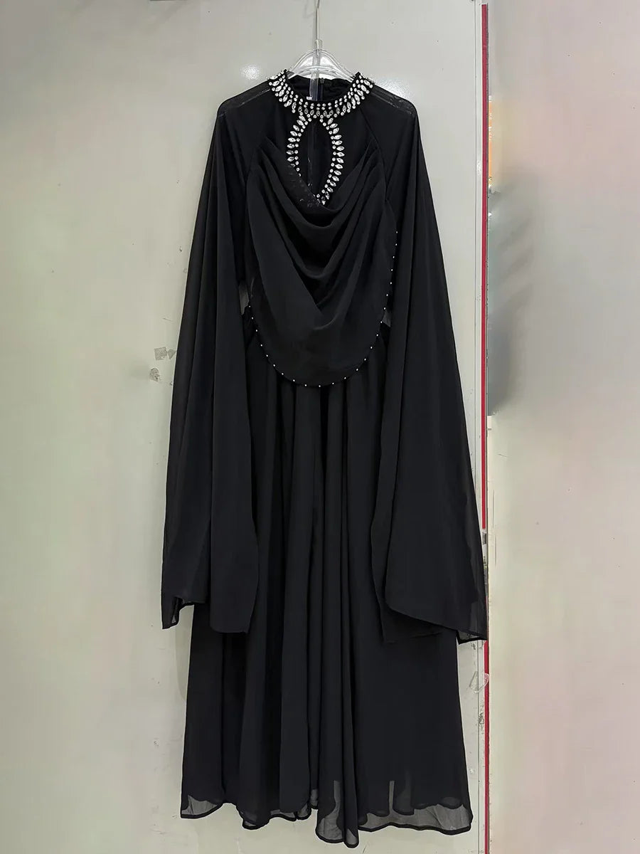 Solid Loose Sheer Spliced Bead Elegant Dresses for Women High Neck Long Sleeves Patchwork Folds Dress Female New BLACK