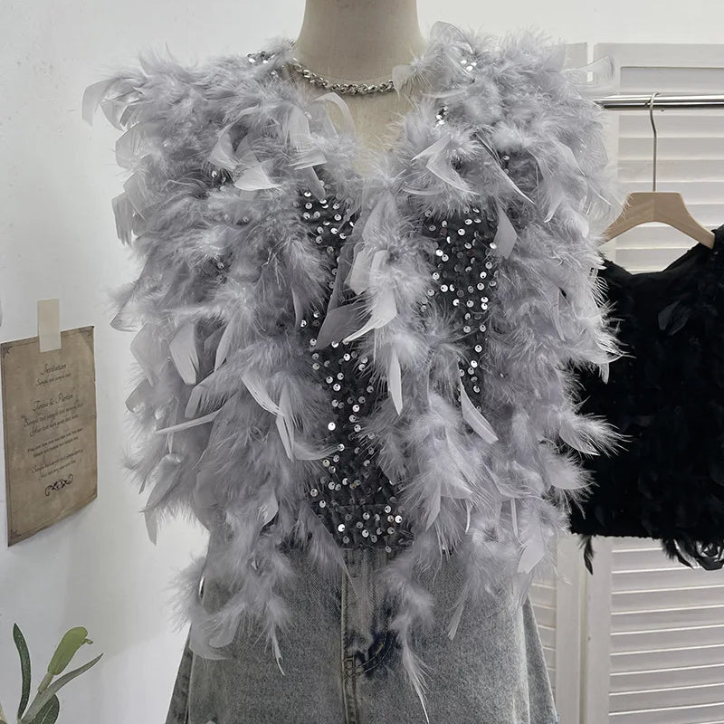 Autumn Winter New Fashion Design Heavy Industry Feather Shiny Sequin Patchwork Velvet Vest Women's Short Top 11A07916 Silver One Size