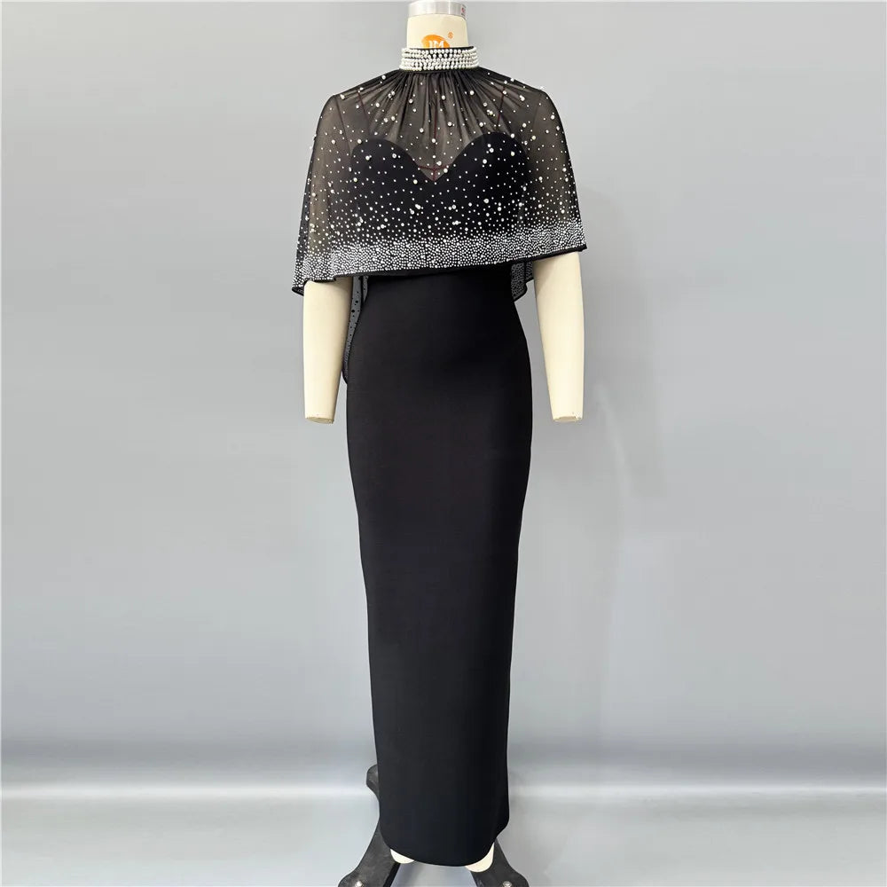 Luxury Sheer Beaded Mesh Cape Black Maxi Strapless Sleeveless Dress for Formal Events Gown black