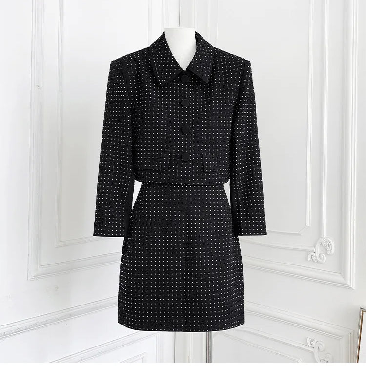 Slimming Spliced Hot Fix Two Piece Sets for Women Lapel Long Sleeves Patchwork Single Breasted Top Skirt Set Female