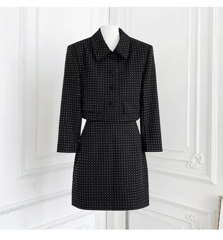 Slimming Spliced Hot Fix Two Piece Sets for Women Lapel Long Sleeves Patchwork Single Breasted Top Skirt Set Female