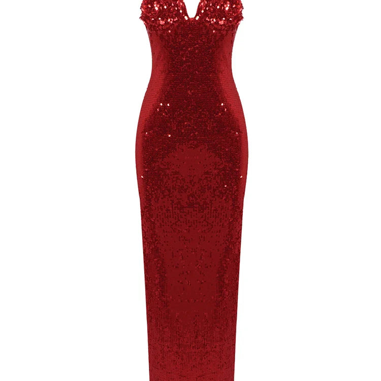 Sexy V Neck Spaghetti Straps Slit Long Dress Luxury Sleeveless Sequins Flower Bodycon Dress Celebrity Runway Club Party Dress Red