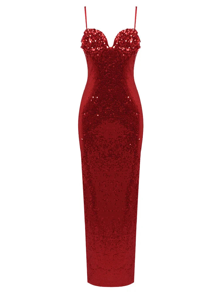 Sexy V Neck Spaghetti Straps Slit Long Dress Luxury Sleeveless Sequins Flower Bodycon Dress Celebrity Runway Club Party Dress Red