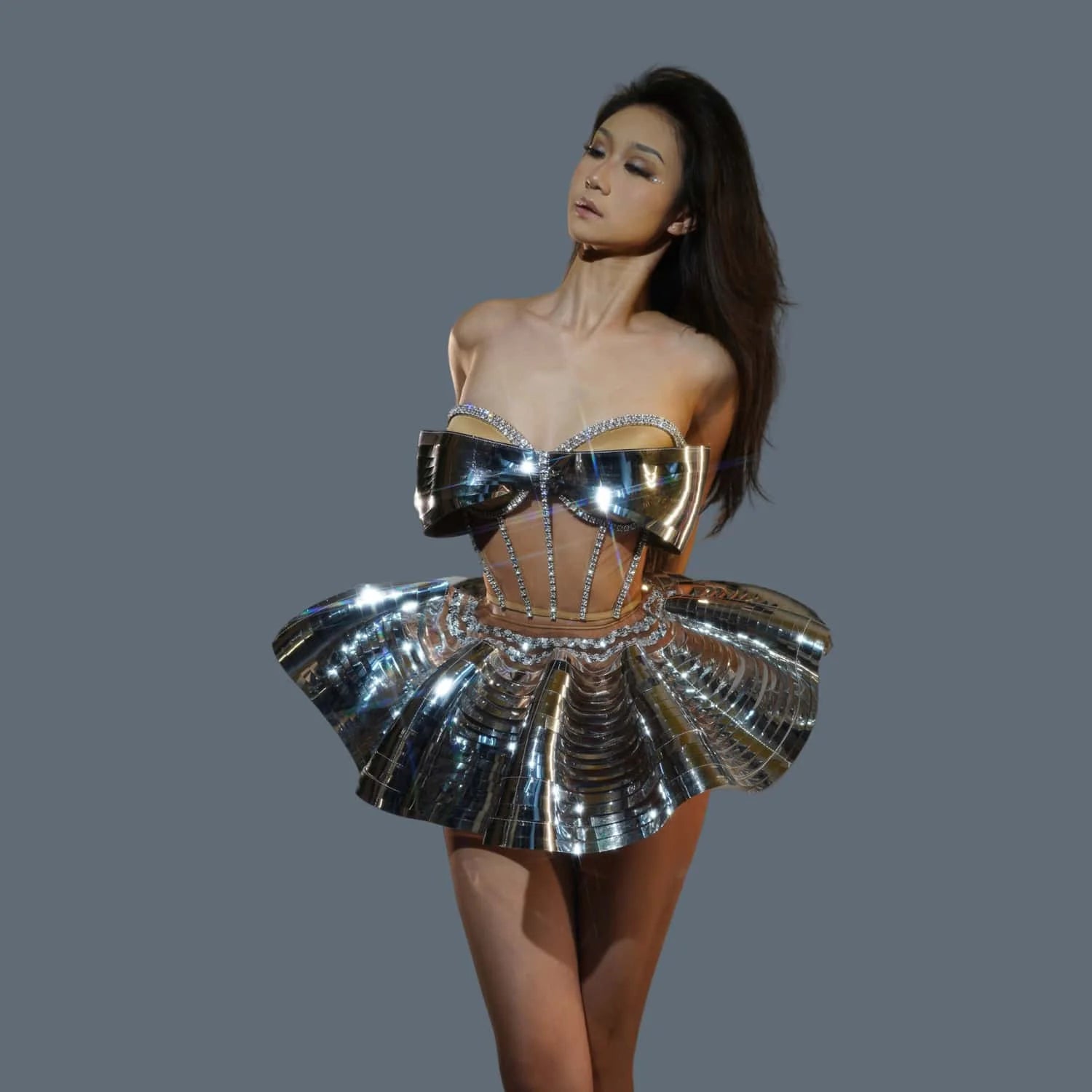 Special Design 2Piece Backless Bandage Mini Dress Set Dance Stage Outfit Sexy Party Performance Sequins Crystals Costume Feidie Silver One Size