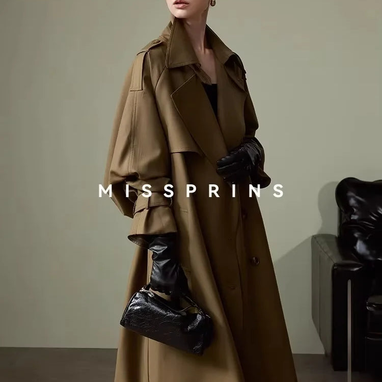 Lautaro Spring Autumn Long Khaki Trench Coat for Women Belt Double Breasted Chic Luxury Designer European Fashion Clothes 2025