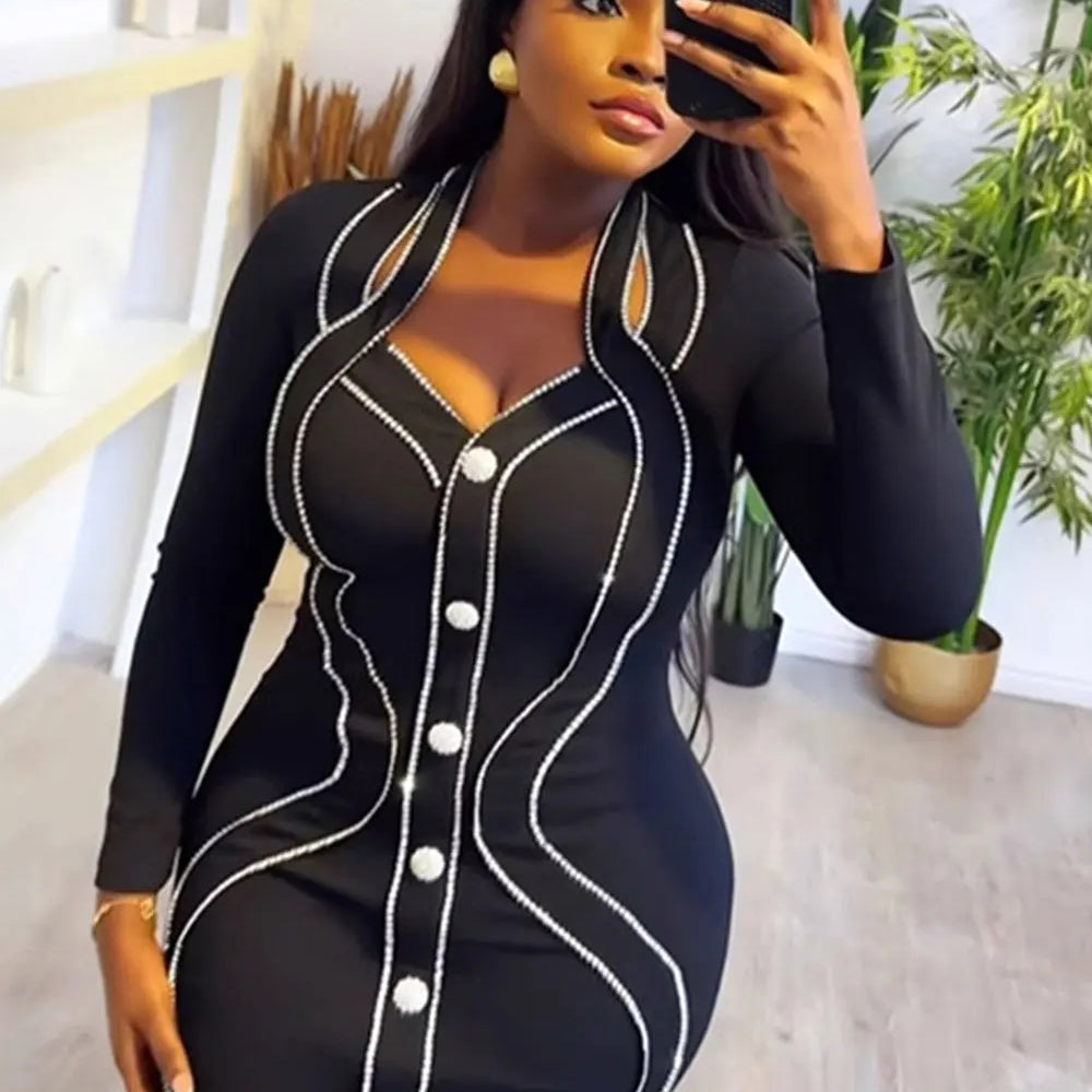 2025 Spring Elegant Women Diamond Set Bandage Dress V-neck Long Sleeve Bodycon Single breasted Mini Dress Evening Party Vestidos