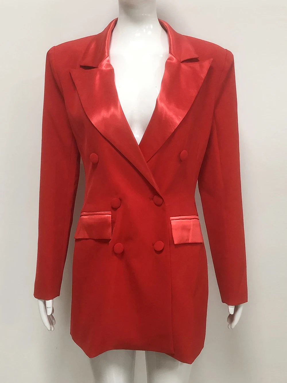 Modphy Women Fashion Double Breasted Red Blazer Coat Notched Neck Long Sleeves Female Outerwear Chic Lady Outfits