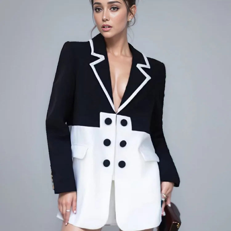 DEAT Fashion Women's Blazer Notched Collar Double Breasted Contrast Color Long Sleeve Suit Jackets Spring New Tide 17A2850