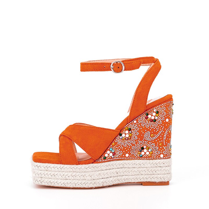 Summer New Suede Thick Bottom Wedge Sandals Round Head Diamond Inlaid Super High Heel Buckle Platform Fashion Sandals