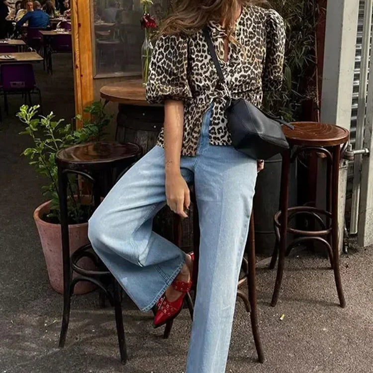 Leopard Print Lace Up Bow Top Women Hollow Out Puff Short Sleeve O-neck Shirt Female Summer Lady Fashion Commuter Tops