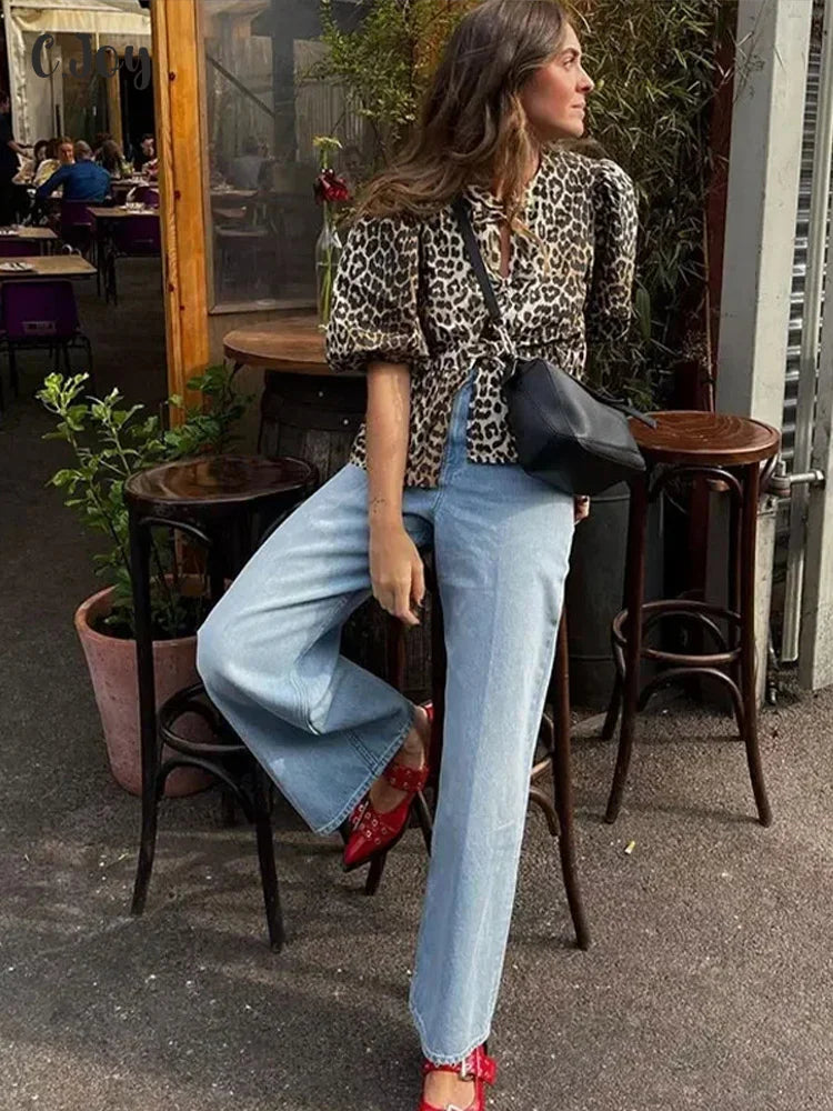 Leopard Print Lace Up Bow Top Women Hollow Out Puff Short Sleeve O-neck Shirt Female Summer Lady Fashion Commuter Tops