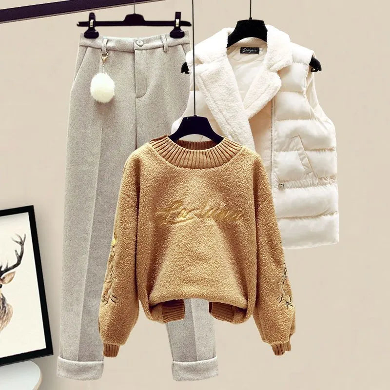 Winter Warm 3 Piece Set Suit Women Knitted Letter Pullover Sweater Sweatpants Lamb Wool Vest Tracksuit Female Outfit Outerwear Set 3