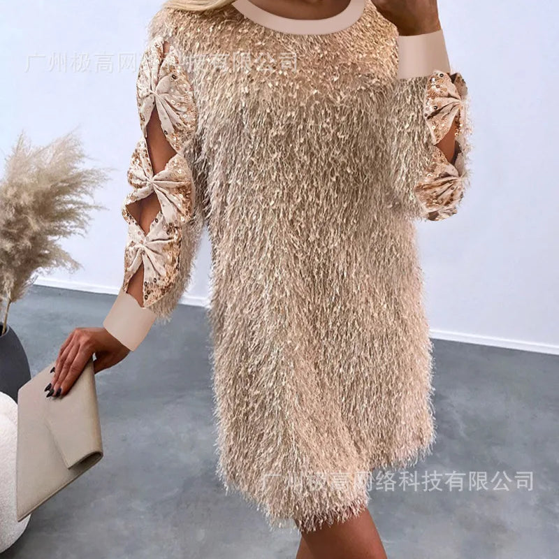 Women Dresses Spring Fashion Fluffy O-Neck Casual Plain Long Sleeve Daily Mini Straight Dress Woman Clothing Champagne