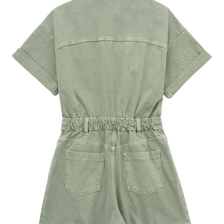 TARUXY Lapel Pocket Denim Jumpsuit Women Sexys Short Sleeve Slim Bodycon Ropa De Mujer Casual Overalls One Piece Womens Clothing