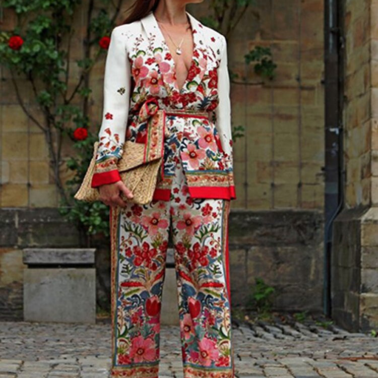 Retro Flower Printed Blazer Suits For Women Spring OL Casual Long Sleeve Jacket Wide-Leg Pants Female Trendy 2 Piece Sets Outfit