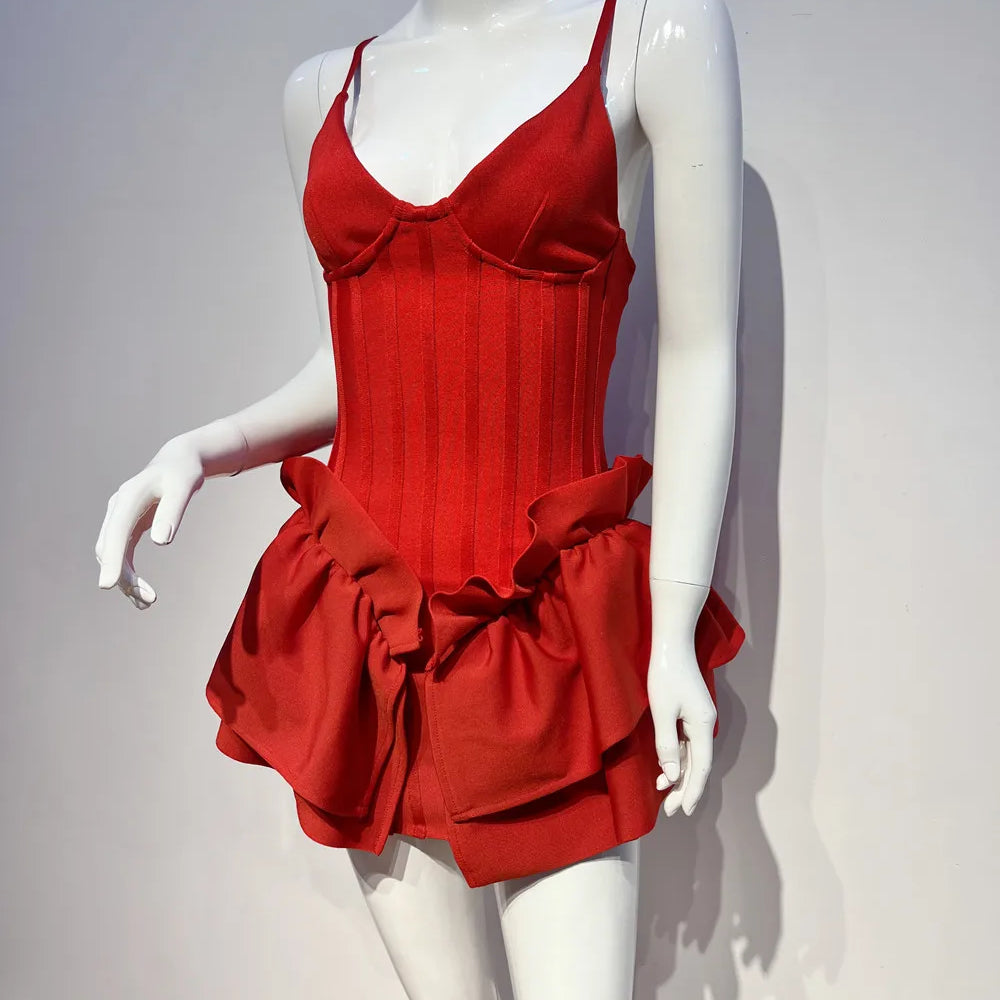 Red Color Women Sexy Sleeveless V-Neck Bodycon Mini Bandage Dress Ruffles Fashion Celebrate Nightclub Party Birthday Dress