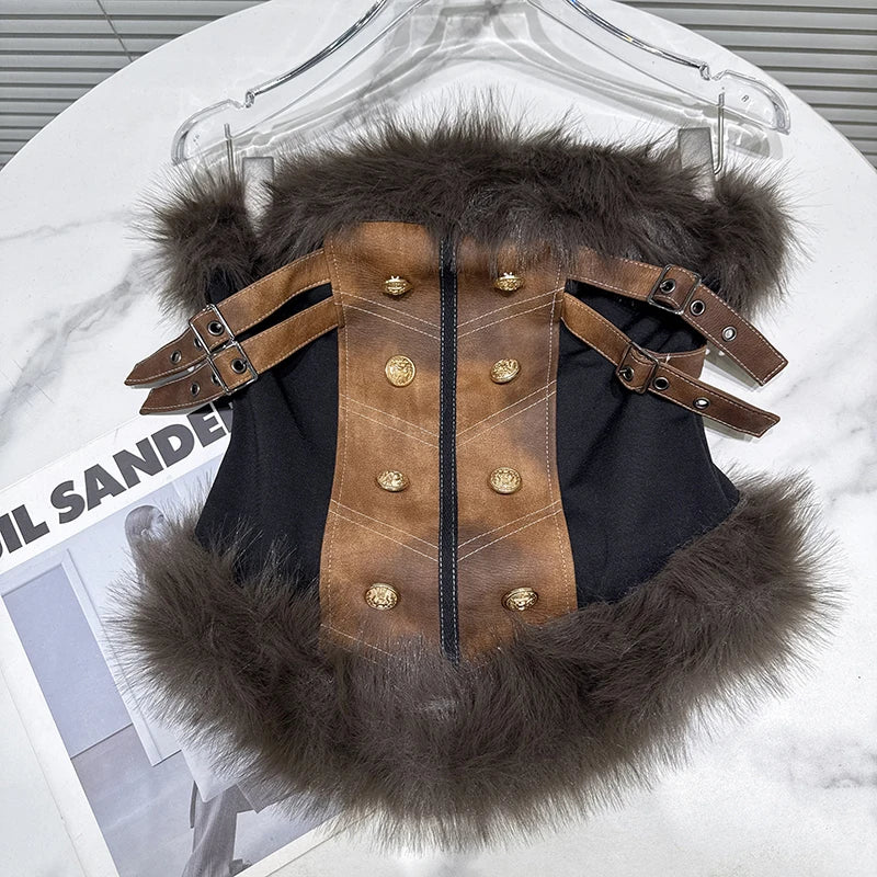 Winter New Fashion Furry Patchwork Suede Outerwear Camisole Vest For Women Backless Outwear Tank Top Female 11A07578