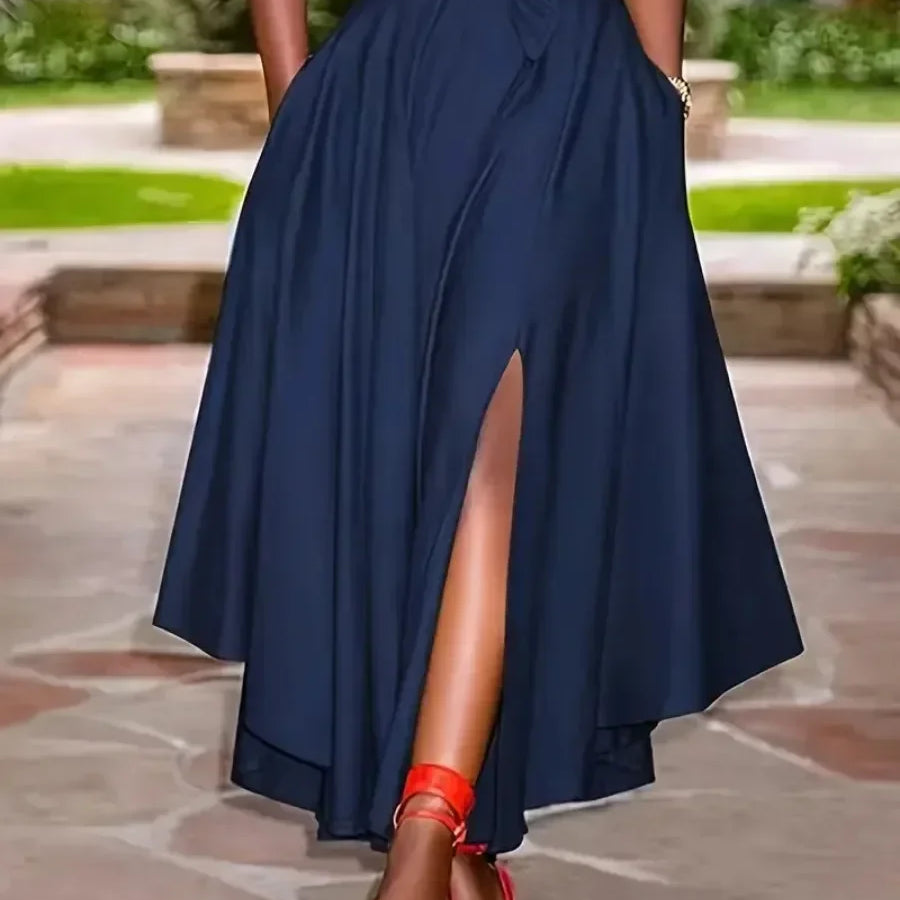 New Women's Fashion Elegant Split Hem Skirts Irregular Design Pleated Maxi Skirt High Waist Solid Lace-up Party Long Dress Femme