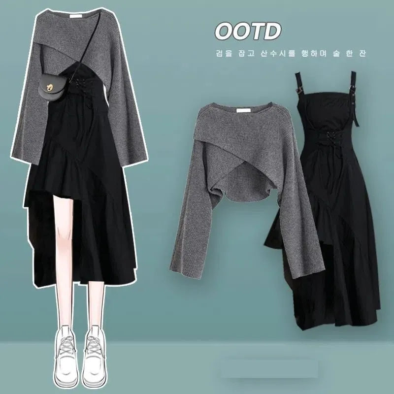 Women's Fashion Dress Matching Set 2024 Autumn Winter New Chic Knitted Sweater Sling Skirt Two Piece Korean Elegant Clothes Suit Set 01