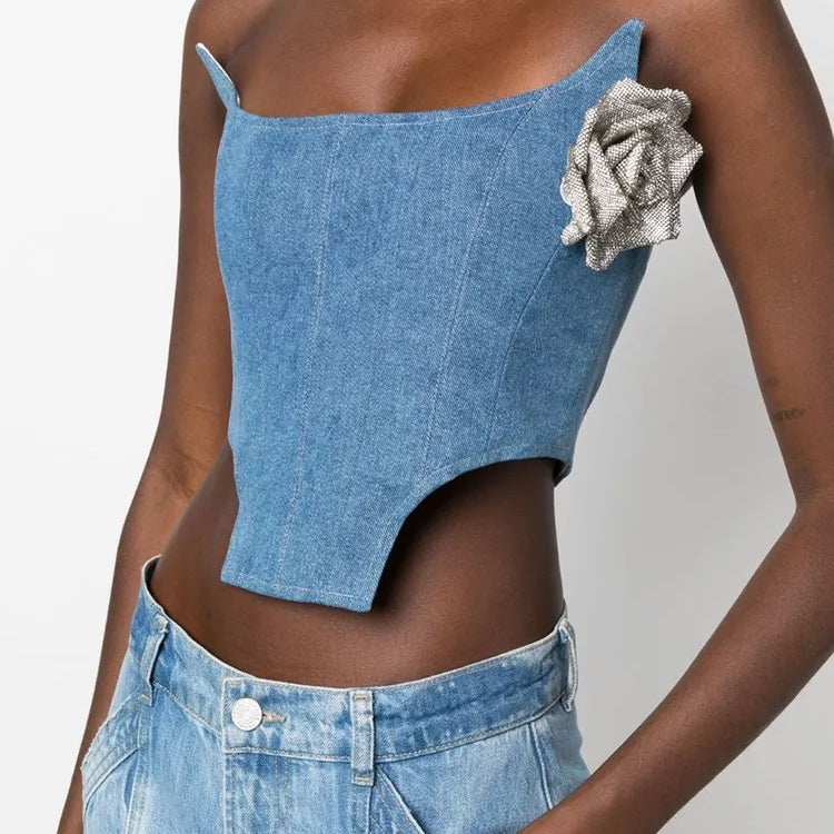 Denim Irregular Vests For Women Slash Neck Sleeveless Patchwork Appliques Slimming Vintage Vest Female Fashion 2023