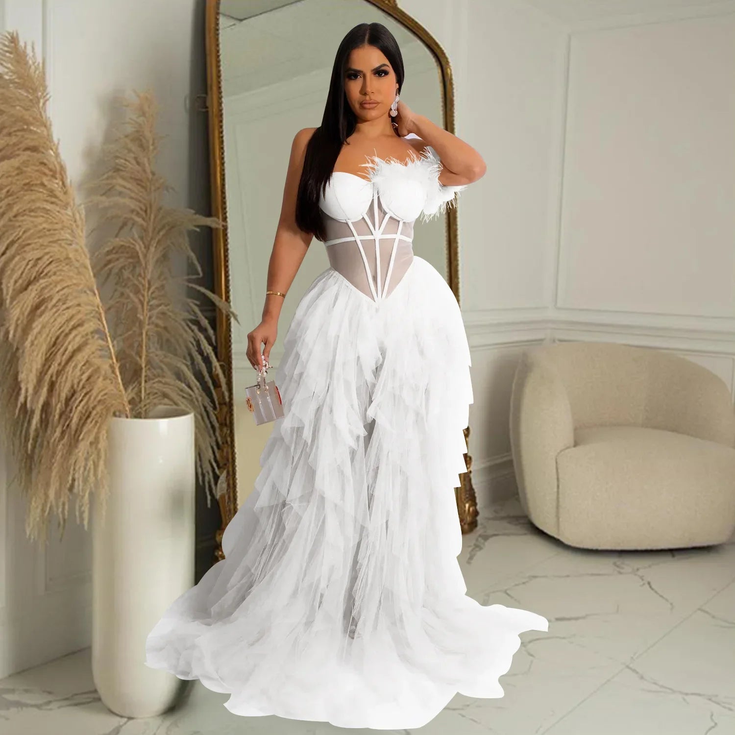 Women Tierred Mesh See Though Off Shoulder Sweetheart Collar Maxi Long Floor Length Dress Evening Sexy Party Dresses white