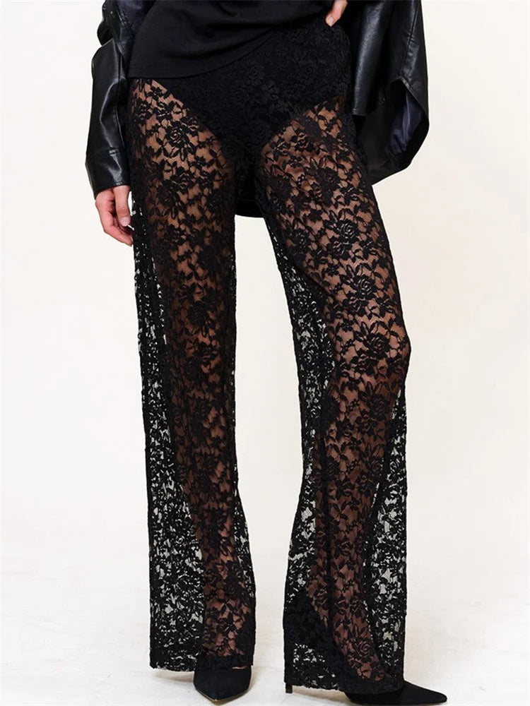 Women’s Sheer Lace Pants High Waist Wide Leg Flare Pants Bell-Bottoms Club Beach Sexy Trousers Streetwear