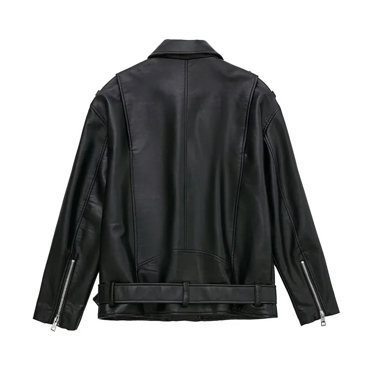 Women Autumn Fashion Imitation Leather Loose Jacket Coat Vintage Long Sleeve Zipper Female Outerwear Chic Tops