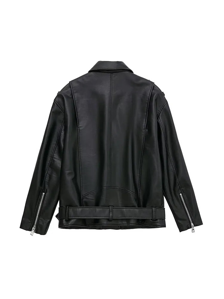 Women Autumn Fashion Imitation Leather Loose Jacket Coat Vintage Long Sleeve Zipper Female Outerwear Chic Tops